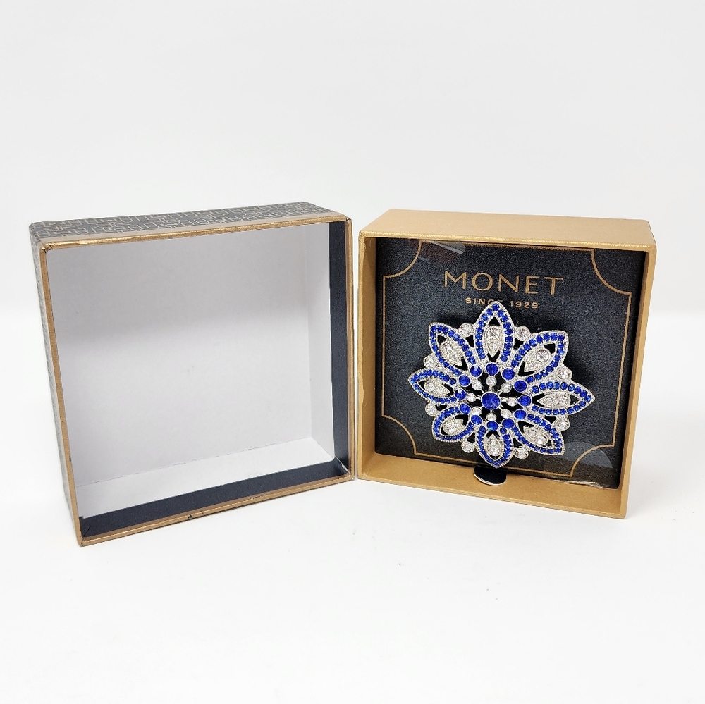 Vintage Monet Signed Cobalt Blue Rhinestone Flower Brooch - Picture 4 of 6